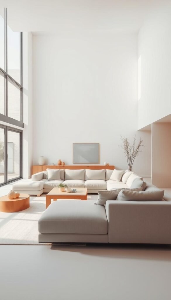 a minimalist living room with clean, simple lines and a focus on functionality and open space. The room features a neutral color palette of whites, grays, and natural wood tones, creating a calming and serene atmosphere. A large, low-profile sofa takes center stage, complemented by a minimalist coffee table and a few carefully selected decor pieces. The room is flooded with natural light from large windows, creating a bright and airy ambiance. The lighting is soft and diffused, casting a warm glow throughout the space. The overall impression is one of elegance, simplicity, and a focus on the essentials, reflecting the principles of minimalist design. a minimalist living room with clean, simple lines and a focus on functionality and open space. The room features a neutral color palette of whites, grays, and natural wood tones, creating a calming and serene atmosphere. A large, low-profile sofa takes center stage, complemented by a minimalist coffee table and a few carefully selected decor pieces. The room is flooded with natural light from large windows, creating a bright and airy ambiance. The lighting is soft and diffused, casting a warm glow throughout the space. The overall impression is one of elegance, simplicity, and a focus on the essentials, reflecting the principles of minimalist design.