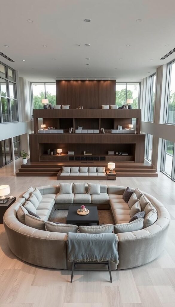 a spacious, open-concept living room with a multi-level seating arrangement designed to maximize space utilization. in the foreground, a sunken conversation pit with plush, modular sofas arranged in a semicircle, encouraging social interaction. the middle ground features a raised platform with additional seating, including built-in benches and ottomans, creating a layered, dynamic layout. the background showcases floor-to-ceiling windows that flood the room with natural light, blurring the boundaries between indoor and outdoor spaces. the overall aesthetic is modern and minimalist, with clean lines, neutral tones, and carefully curated decor elements that enhance the sense of openness and flow. the lighting is a combination of recessed ceiling fixtures and strategically placed floor lamps, creating a warm, inviting ambiance. a spacious, open-concept living room with a multi-level seating arrangement designed to maximize space utilization. in the foreground, a sunken conversation pit with plush, modular sofas arranged in a semicircle, encouraging social interaction. the middle ground features a raised platform with additional seating, including built-in benches and ottomans, creating a layered, dynamic layout. the background showcases floor-to-ceiling windows that flood the room with natural light, blurring the boundaries between indoor and outdoor spaces. the overall aesthetic is modern and minimalist, with clean lines, neutral tones, and carefully curated decor elements that enhance the sense of openness and flow. the lighting is a combination of recessed ceiling fixtures and strategically placed floor lamps, creating a warm, inviting ambiance.