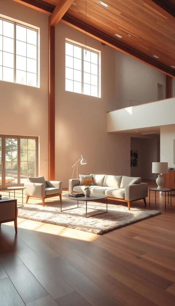 a spacious open-plan living room with a floating furniture arrangement, sunlight streaming through large windows, creating a warm, inviting atmosphere. In the foreground, a mid-century modern-style sofa and armchairs gently levitate above a plush area rug, their forms seemingly defying gravity. In the middle ground, a sleek, minimalist coffee table and end tables hover alongside, complementing the floating furniture. The background features high ceilings, exposed beams, and a neutral color palette, creating a sense of openness and tranquility. The lighting is soft and natural, with a hint of a golden glow, enhancing the serene, dreamlike quality of the scene. a spacious open-plan living room with a floating furniture arrangement, sunlight streaming through large windows, creating a warm, inviting atmosphere. In the foreground, a mid-century modern-style sofa and armchairs gently levitate above a plush area rug, their forms seemingly defying gravity. In the middle ground, a sleek, minimalist coffee table and end tables hover alongside, complementing the floating furniture. The background features high ceilings, exposed beams, and a neutral color palette, creating a sense of openness and tranquility. The lighting is soft and natural, with a hint of a golden glow, enhancing the serene, dreamlike quality of the scene.