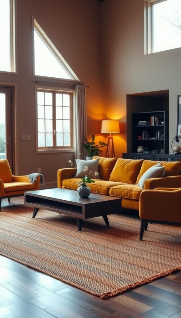 a warm and inviting living room with a mid-century modern aesthetic, featuring a plush velvet sofa in a rich ochre hue, complemented by a pair of mustard-yellow armchairs. A low-profile, walnut-toned coffee table grounds the space, while a vintage-inspired floor lamp casts a soft, amber glow. The walls are painted in a soothing, earthy tone, and a large, woven area rug in shades of terracotta and sienna anchors the room. Natural light filters in through large windows, creating a cozy and serene atmosphere. The overall effect is a harmonious blend of modern and vintage elements, conveying a sense of timeless elegance and comfort.