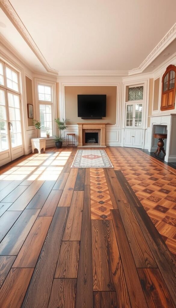 a well-lit living room interior with authentic vintage flooring options showcased, including weathered wood planks, ornate tile patterns, and elegant parquet floors. the room has a warm, inviting atmosphere with natural lighting filtering through large windows, casting a soft glow on the various flooring materials. the flooring takes center stage, highlighting the intricate textures, colors, and patterns that define the vintage aesthetic. the room is sparsely furnished, allowing the flooring to be the focal point. the overall scene conveys a sense of timeless elegance and historical charm suitable for a "vintage living room" article.