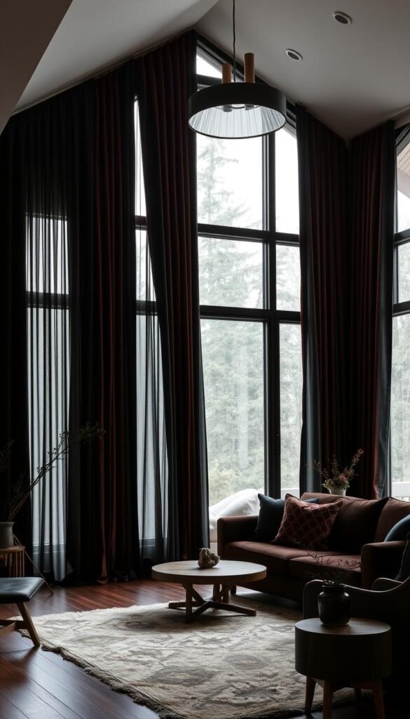 dark living room interior with large windows, heavy curtains in rich velvet or lush brocade fabrics in deep, muted tones like burgundy, forest green, or navy blue, cascading softly and elegantly from ceiling to floor, providing both privacy and a cozy, sophisticated ambiance, natural light filtered through the curtains creates a warm, moody glow, minimalist decor with wooden accents, a plush area rug, and a statement light fixture overhead, the overall scene exuding a sense of refined luxury and tranquility dark living room interior with large windows, heavy curtains in rich velvet or lush brocade fabrics in deep, muted tones like burgundy, forest green, or navy blue, cascading softly and elegantly from ceiling to floor, providing both privacy and a cozy, sophisticated ambiance, natural light filtered through the curtains creates a warm, moody glow, minimalist decor with wooden accents, a plush area rug, and a statement light fixture overhead, the overall scene exuding a sense of refined luxury and tranquility