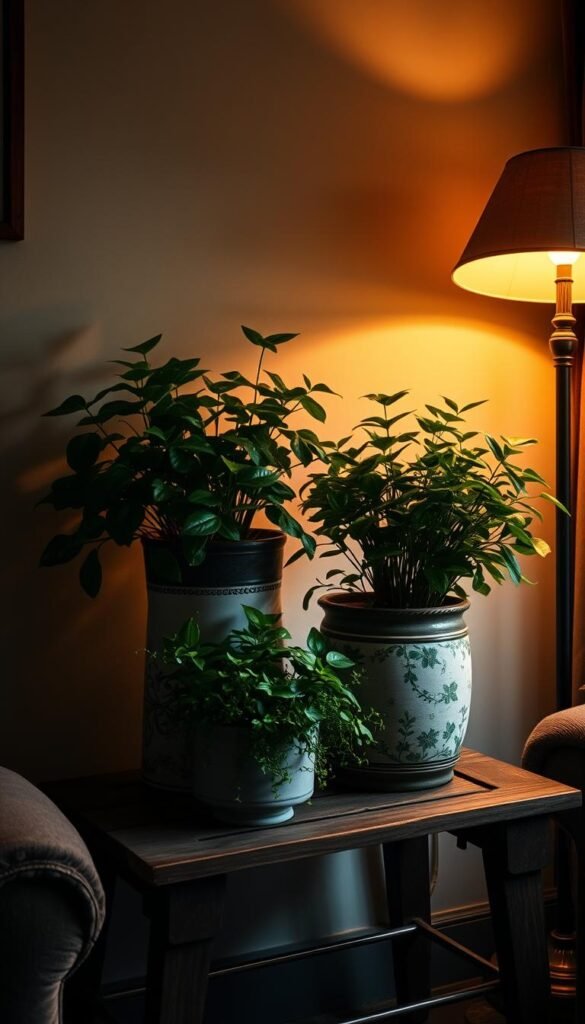 vintage planters with lush, thriving houseplants creating a timeless, cozy decor in a dimly lit, vintage-inspired living room. The planters are placed on a rustic, wooden side table, casting soft shadows on the wall behind. Warm, diffused lighting from a nearby floor lamp illuminates the scene, creating a inviting, atmospheric ambiance. The plants' verdant foliage and earthy tones complement the room's muted color palette, conveying a sense of natural harmony and tranquility.