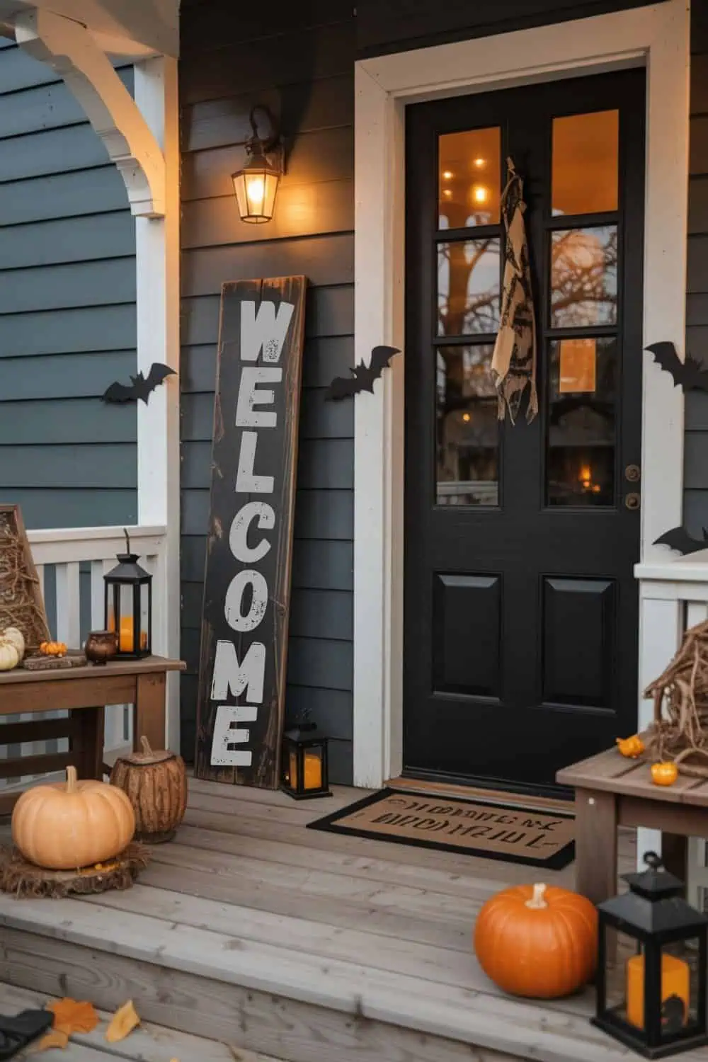 Halloween porch with rustic wooden decor including pumpkins, lanterns, and haunted signs.