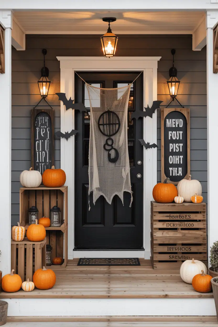 Full farmhouse-style Halloween porch with wooden pumpkins, lanterns, crates, bats, and rustic haunted signs.