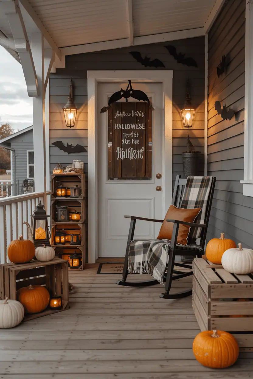 Pinterest-perfect farmhouse Halloween porch with wooden pumpkins, lanterns, crates, haunted sign, and rocking chair at dusk.