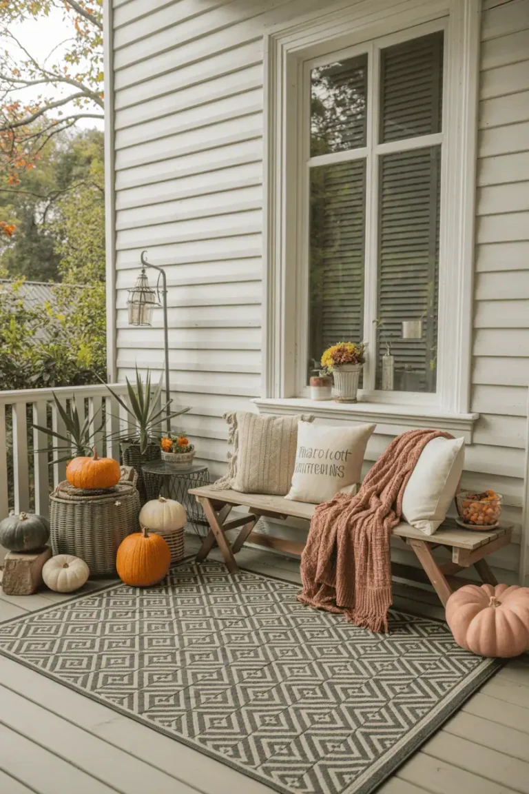 Pumpkin porch display transitioned for November seasonal style.