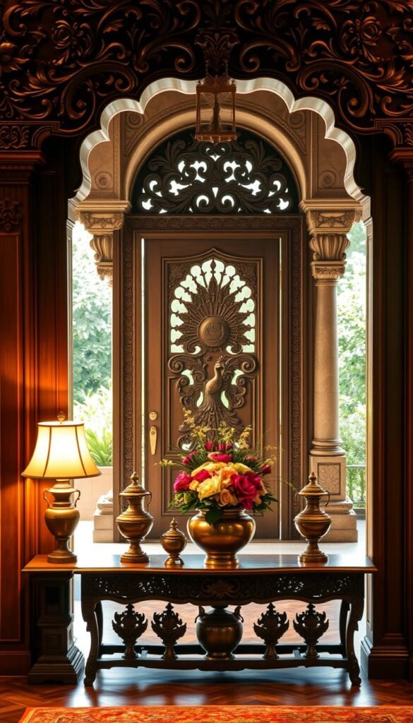 A beautifully carved wooden entryway with intricate floral motifs and brass accents, bathed in warm, diffused lighting that casts a cozy, welcoming glow. In the foreground, a pair of ornate brass lamps flank a wooden console table adorned with decorative brass urns and a vibrant floral arrangement. The middle ground features a grand, carved wooden door with a detailed peacock design, surrounded by ornate stone arches and columns. The background showcases a lush, verdant garden visible through the open doorway, creating a serene and inviting atmosphere. A beautifully carved wooden entryway with intricate floral motifs and brass accents, bathed in warm, diffused lighting that casts a cozy, welcoming glow. In the foreground, a pair of ornate brass lamps flank a wooden console table adorned with decorative brass urns and a vibrant floral arrangement. The middle ground features a grand, carved wooden door with a detailed peacock design, surrounded by ornate stone arches and columns. The background showcases a lush, verdant garden visible through the open doorway, creating a serene and inviting atmosphere.