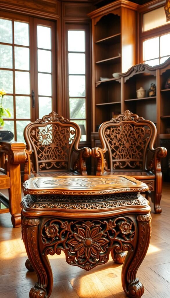 A beautifully crafted collection of Indian wooden furniture, showcasing the intricate artistry and rich cultural heritage of the region. In the foreground, a stunning carved and polished teakwood side table with intricate floral patterns, set against a backdrop of a gracefully curved solid wood bookshelf. In the middle ground, a pair of ornately detailed wooden chairs with delicate latticework and warm, earthy tones. The natural lighting gently filters through large windows, casting a soft, inviting glow over the scene, highlighting the exquisite grain and texture of the wood. The overall atmosphere exudes a sense of timeless elegance and timeless craftsmanship, perfectly capturing the essence of Indian home decor. A beautifully crafted collection of Indian wooden furniture, showcasing the intricate artistry and rich cultural heritage of the region. In the foreground, a stunning carved and polished teakwood side table with intricate floral patterns, set against a backdrop of a gracefully curved solid wood bookshelf. In the middle ground, a pair of ornately detailed wooden chairs with delicate latticework and warm, earthy tones. The natural lighting gently filters through large windows, casting a soft, inviting glow over the scene, highlighting the exquisite grain and texture of the wood. The overall atmosphere exudes a sense of timeless elegance and timeless craftsmanship, perfectly capturing the essence of Indian home decor.