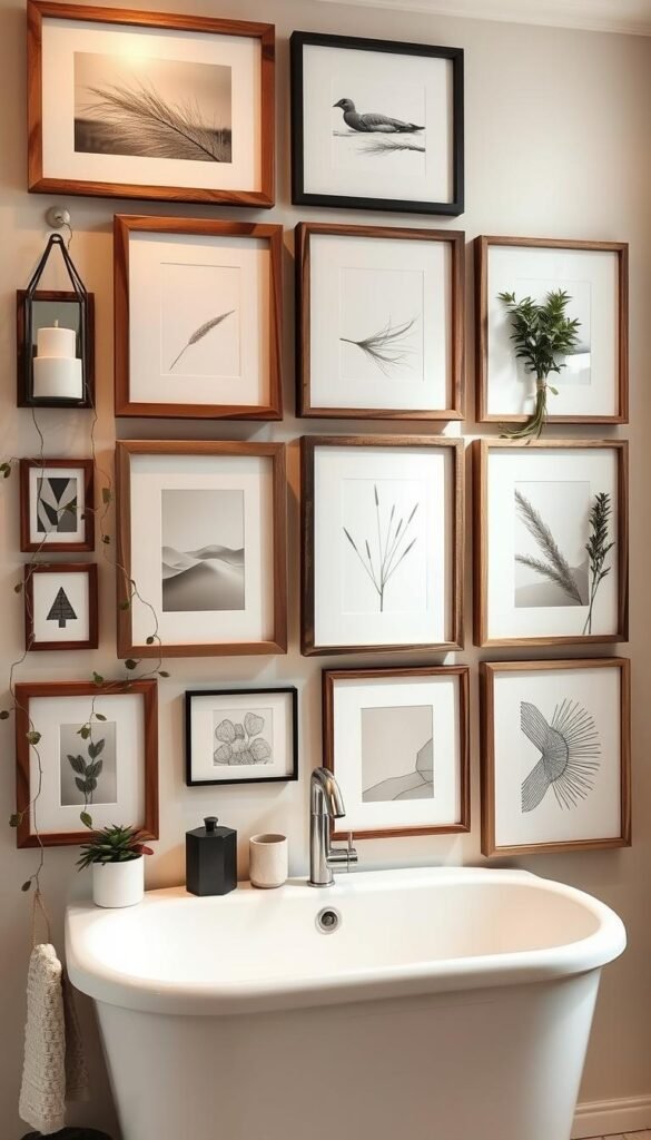 A beautifully curated DIY bathroom wall art display, featuring an eclectic mix of handcrafted frames, natural elements, and minimalist decor. The compositions are arranged with an eye for balance and visual interest, creating a serene and inviting atmosphere. Warm, diffused lighting illuminates the display, casting gentle shadows that add depth and dimension. The frames showcase a variety of textures, from rustic wood to sleek metal, complementing the neutral color palette. Trailing plants and simple ceramics add a touch of organic beauty, while carefully placed geometric shapes and abstract patterns provide a modern, elevated touch. The overall effect is a harmonious blend of handmade charm and sophisticated style, perfectly suited for a stylish, spa-like bathroom retreat. A beautifully curated DIY bathroom wall art display, featuring an eclectic mix of handcrafted frames, natural elements, and minimalist decor. The compositions are arranged with an eye for balance and visual interest, creating a serene and inviting atmosphere. Warm, diffused lighting illuminates the display, casting gentle shadows that add depth and dimension. The frames showcase a variety of textures, from rustic wood to sleek metal, complementing the neutral color palette. Trailing plants and simple ceramics add a touch of organic beauty, while carefully placed geometric shapes and abstract patterns provide a modern, elevated touch. The overall effect is a harmonious blend of handmade charm and sophisticated style, perfectly suited for a stylish, spa-like bathroom retreat.