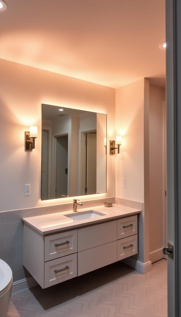 A beautifully lit bathroom interior with warm, ambient lighting from a pair of elegant wall sconces flanking a large vanity mirror. The mirror reflects the soft, diffused light, creating a cozy and inviting atmosphere. The tile floor features a classic herringbone pattern, complementing the sleek, modern vanity and fixtures. Soft, indirect lighting from recessed ceiling lights provides a gentle glow, highlighting the room's elegant and serene design. The overall lighting setup is thoughtfully planned to create a spa-like, relaxing environment perfect for a luxurious bathroom remodel. A beautifully lit bathroom interior with warm, ambient lighting from a pair of elegant wall sconces flanking a large vanity mirror. The mirror reflects the soft, diffused light, creating a cozy and inviting atmosphere. The tile floor features a classic herringbone pattern, complementing the sleek, modern vanity and fixtures. Soft, indirect lighting from recessed ceiling lights provides a gentle glow, highlighting the room's elegant and serene design. The overall lighting setup is thoughtfully planned to create a spa-like, relaxing environment perfect for a luxurious bathroom remodel.