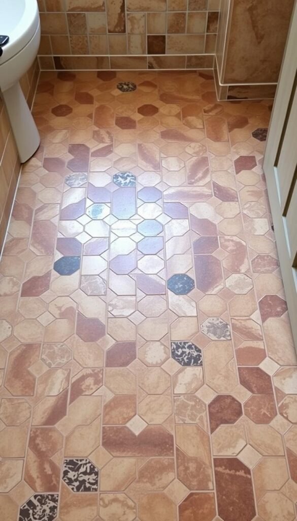 A beautifully tiled bathroom floor, with intricate patterns and a warm, inviting atmosphere. The tiles are a mix of earthy tones, arranged in a herringbone or chevron design, creating a sense of movement and depth. The lighting is soft and diffused, casting a gentle glow over the floor, highlighting the natural textures and variations in the tiles. The camera angle is slightly elevated, capturing the full expanse of the floor and providing a clear, unobstructed view of the stunning tile work. The overall mood is one of tranquility and elegance, setting the stage for a relaxing and indulgent bathroom experience. A beautifully tiled bathroom floor, with intricate patterns and a warm, inviting atmosphere. The tiles are a mix of earthy tones, arranged in a herringbone or chevron design, creating a sense of movement and depth. The lighting is soft and diffused, casting a gentle glow over the floor, highlighting the natural textures and variations in the tiles. The camera angle is slightly elevated, capturing the full expanse of the floor and providing a clear, unobstructed view of the stunning tile work. The overall mood is one of tranquility and elegance, setting the stage for a relaxing and indulgent bathroom experience.
