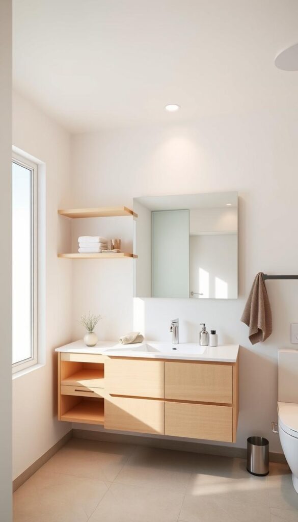 A bright, airy bathroom interior with a mid-range vanity cabinet, shelves, and storage solutions. The vanity features clean lines, a light wood or white finish, and a sleek undermount sink. Floating shelves above the vanity display decorative objects and bathroom essentials. A full-length mirror reflects the space, creating an illusion of depth. Recessed lighting casts a warm glow, and a large window lets in natural light. The tiles on the floor and walls are neutral-toned, complementing the overall minimalist aesthetic. The overall mood is one of calm, organization, and functionality.