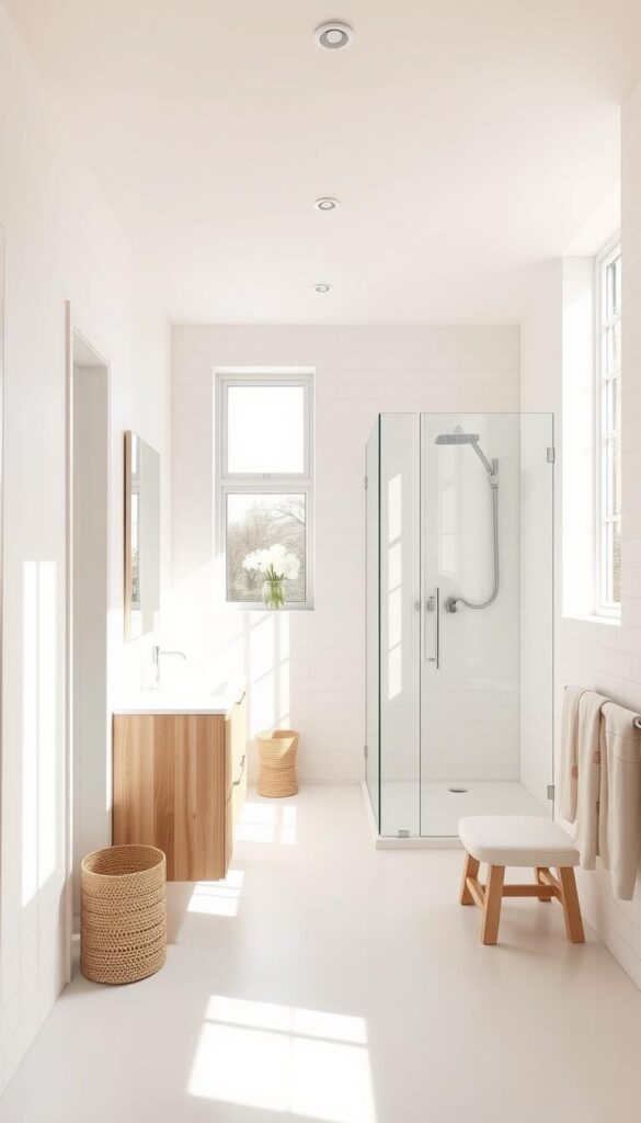 A bright, airy bathroom interior with a minimalist, Scandinavian-inspired design. The layout is optimized for maximum functionality, featuring a sleek vanity with ample storage, a large wall-mounted mirror, and a spacious walk-in shower with a glass enclosure. Soft, natural lighting streams in through a large window, casting a warm glow on the clean, white tiles and light wood accents. The overall atmosphere is one of tranquility and efficiency, creating a cozy and inviting space that feels both practical and aesthetically pleasing.