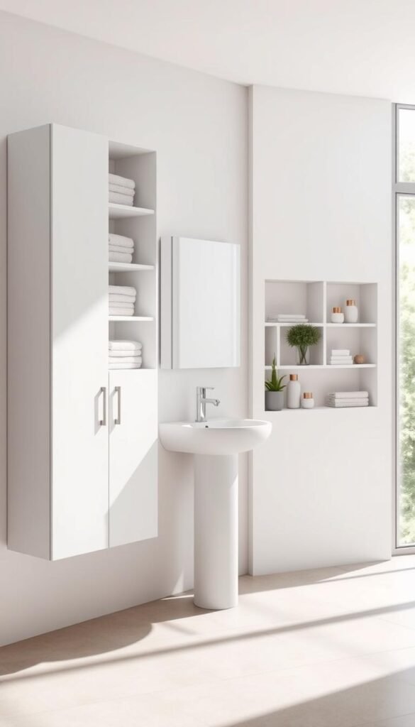 A bright, airy bathroom interior with natural light streaming in through a large window. In the foreground, an elegant wall-mounted cabinet with sleek, minimalist design and ample storage space for toiletries, towels, and other essentials. The cabinet has a matte white finish that complements the neutral tile floor and walls. In the middle ground, a small pedestal sink with a modern faucet. Above the sink, a frameless mirror that reflects the natural light, creating a sense of depth and spaciousness. In the background, a recessed shelving unit built into the wall, displaying decorative jars, plants, and other organizational accessories in a visually pleasing manner. The overall atmosphere is calm, serene, and effortlessly stylish, showcasing practical and space-saving storage solutions for a small bathroom. A bright, airy bathroom interior with natural light streaming in through a large window. In the foreground, an elegant wall-mounted cabinet with sleek, minimalist design and ample storage space for toiletries, towels, and other essentials. The cabinet has a matte white finish that complements the neutral tile floor and walls. In the middle ground, a small pedestal sink with a modern faucet. Above the sink, a frameless mirror that reflects the natural light, creating a sense of depth and spaciousness. In the background, a recessed shelving unit built into the wall, displaying decorative jars, plants, and other organizational accessories in a visually pleasing manner. The overall atmosphere is calm, serene, and effortlessly stylish, showcasing practical and space-saving storage solutions for a small bathroom.