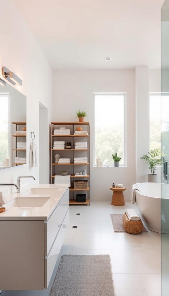 A bright, airy bathroom interior with various organizational styles and storage solutions. In the foreground, a sleek, minimalist vanity with clean lines and a floating countertop, complemented by a large mirror and modern light fixtures. In the middle ground, a shelving unit with neatly arranged towels, toiletries, and decorative accents, creating a sense of order and visual harmony. The background features a freestanding bathtub and a large window that floods the space with natural light, casting a warm, inviting glow. The overall atmosphere is one of calm, serene, and purposefully organized living.