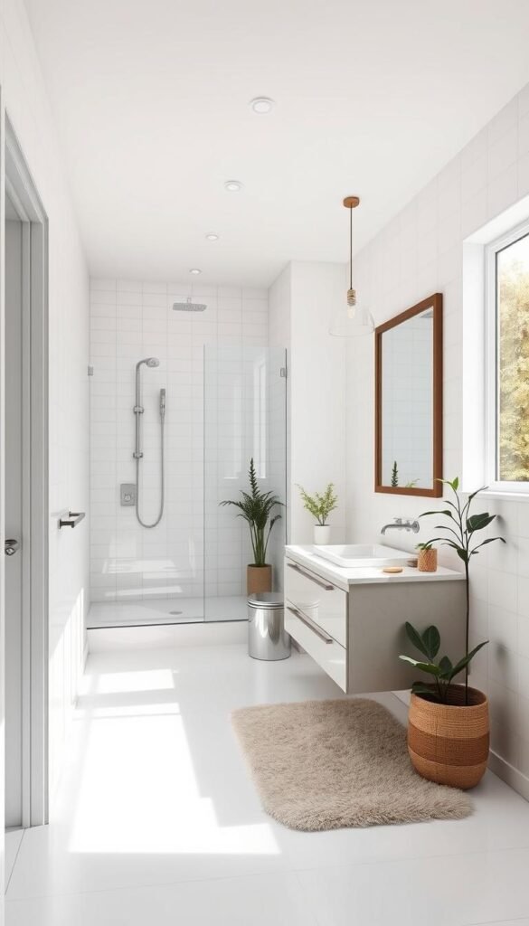 A bright, airy bathroom with a modern, minimalist design. The small space is transformed with sleek white tiles covering the walls and floor, creating a clean and serene atmosphere. A large vanity with a marble countertop and a single sink sits prominently in the center, complemented by a large framed mirror that reflects the natural light streaming in through the large window. The shower area is enclosed with a glass partition, giving the illusion of an open and spacious layout. Soft, ambient lighting from recessed ceiling fixtures and a pendant light above the vanity adds a cozy, relaxing ambiance. Potted plants and a plush bath mat provide subtle pops of color and texture, completing the tranquil, spa-like feel of the space. A bright, airy bathroom with a modern, minimalist design. The small space is transformed with sleek white tiles covering the walls and floor, creating a clean and serene atmosphere. A large vanity with a marble countertop and a single sink sits prominently in the center, complemented by a large framed mirror that reflects the natural light streaming in through the large window. The shower area is enclosed with a glass partition, giving the illusion of an open and spacious layout. Soft, ambient lighting from recessed ceiling fixtures and a pendant light above the vanity adds a cozy, relaxing ambiance. Potted plants and a plush bath mat provide subtle pops of color and texture, completing the tranquil, spa-like feel of the space.