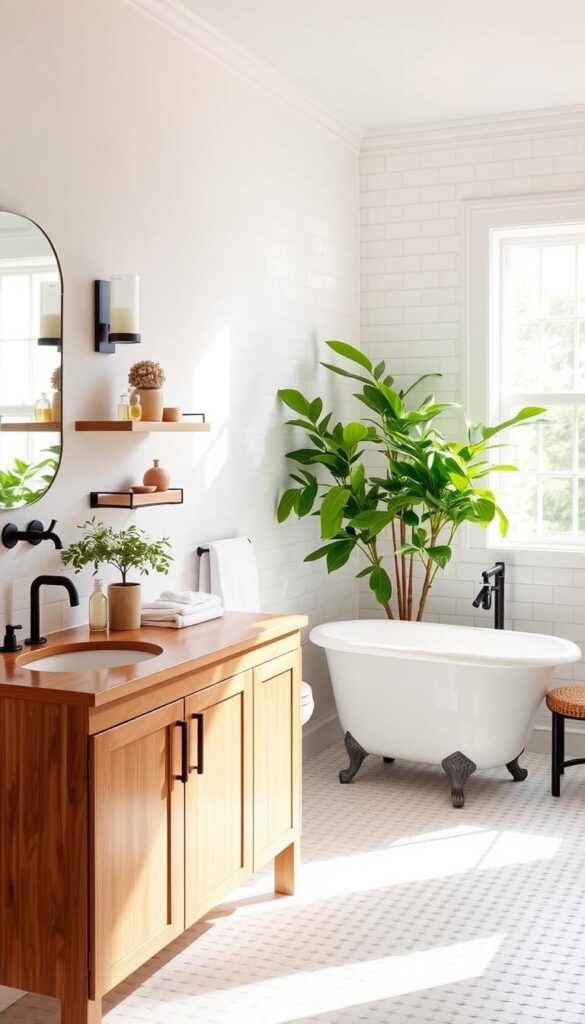 A bright, airy bathroom with a sleek, minimalist vanity in a warm, natural wood tone. Soft, diffused lighting from sconces and a large window casts a gentle glow. Crisp white subway tiles line the walls, accented by sleek black hardware. A simple, freestanding clawfoot tub sits in the corner, surrounded by lush, verdant plants. Streamlined shelving and storage solutions keep the space organized and uncluttered. The overall atmosphere is relaxed, inviting, and budget-friendly, showcasing how thoughtful design can transform a bathroom on a modest budget. A bright, airy bathroom with a sleek, minimalist vanity in a warm, natural wood tone. Soft, diffused lighting from sconces and a large window casts a gentle glow. Crisp white subway tiles line the walls, accented by sleek black hardware. A simple, freestanding clawfoot tub sits in the corner, surrounded by lush, verdant plants. Streamlined shelving and storage solutions keep the space organized and uncluttered. The overall atmosphere is relaxed, inviting, and budget-friendly, showcasing how thoughtful design can transform a bathroom on a modest budget.