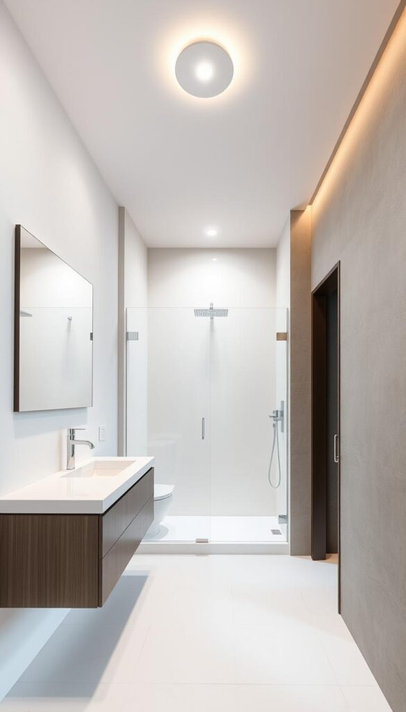 A bright, airy bathroom with a sleek, modern aesthetic. The foreground features a floating vanity with a minimalist design, a large rectangular mirror, and a wall-mounted faucet. The middle ground showcases a spacious shower enclosure with a frameless glass door, surrounded by clean white tiles. The background highlights a muted color palette, with gray or neutral-toned walls and a subtle, textured pattern. Warm, diffused lighting from a flush-mounted ceiling fixture illuminates the space, creating a relaxing and rejuvenating atmosphere. The overall composition emphasizes simplicity, functionality, and a touch of contemporary elegance, perfect for a weekend bathroom refresh.