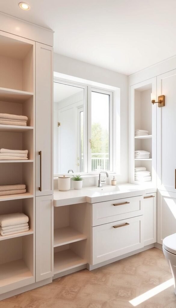 A bright, airy guest bathroom with sleek, modern built-in storage cabinets along the walls. The cabinets have a minimalist, white lacquered finish, with concealed handles for a clean, seamless look. Inside, adjustable shelves and drawers provide ample space for towels, toiletries, and other bathroom essentials. A large, rectangular vanity mirror is mounted above the cabinets, reflecting the natural light streaming in through a large window. The floor is covered in a neutral-toned, patterned tile that complements the overall contemporary aesthetic. The lighting is a combination of recessed ceiling fixtures and wall sconces, creating a warm, inviting ambiance. A bright, airy guest bathroom with sleek, modern built-in storage cabinets along the walls. The cabinets have a minimalist, white lacquered finish, with concealed handles for a clean, seamless look. Inside, adjustable shelves and drawers provide ample space for towels, toiletries, and other bathroom essentials. A large, rectangular vanity mirror is mounted above the cabinets, reflecting the natural light streaming in through a large window. The floor is covered in a neutral-toned, patterned tile that complements the overall contemporary aesthetic. The lighting is a combination of recessed ceiling fixtures and wall sconces, creating a warm, inviting ambiance.