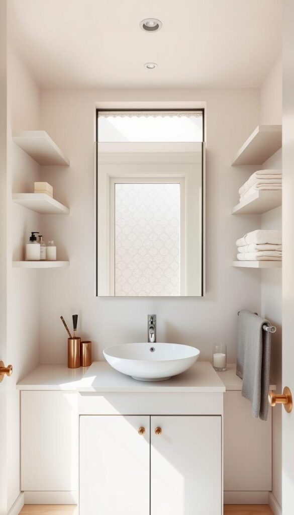 A bright, airy small bathroom with sleek, minimalist organization. Elegant floating shelves line the walls, holding neatly arranged toiletries and towels. A compact vanity with a stylish vessel sink sits beneath a large, frameless mirror. Warm, natural lighting filters in through a frosted window, casting a soft glow. Subtle, metallic hardware and accents add a touch of sophistication. The space feels uncluttered and serene, showcasing clever storage solutions that maximize the limited square footage.