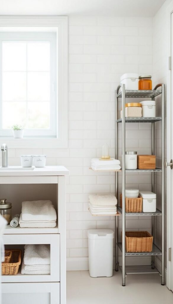 A bright, well-organized bathroom with simple, budget-friendly storage solutions. The foreground features a white vanity with open shelves displaying neatly folded towels, jars, and small baskets. In the middle ground, a freestanding metal shelving unit holds various containers and accessories. The background shows a tiled wall with a large window, allowing natural light to stream in and create a fresh, airy atmosphere. The lighting is soft and even, accentuating the clean, minimalist design. The overall mood is one of efficiency, practicality, and a touch of Scandinavian-inspired style.