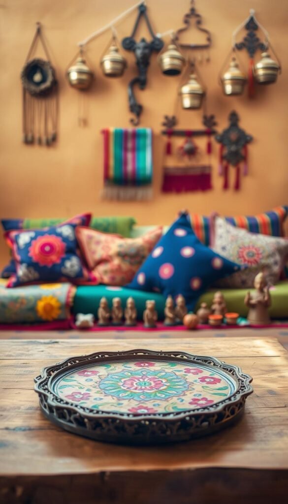 A brightly lit DIY Indian decor project scene. In the foreground, an intricately carved wooden tray with vibrant floral motifs sits atop a rustic wooden table. In the middle ground, an array of colorful sari fabrics, embroidered cushions, and handmade clay figurines are arranged artfully. The background features a warm, earthy-toned wall with a display of hanging brass lamps and wall hangings, casting a soft, ambient glow. The overall atmosphere evokes a sense of handcrafted, traditional Indian charm and creativity. Lens: 50mm, lighting: natural daylight with some subtle backlighting. A brightly lit DIY Indian decor project scene. In the foreground, an intricately carved wooden tray with vibrant floral motifs sits atop a rustic wooden table. In the middle ground, an array of colorful sari fabrics, embroidered cushions, and handmade clay figurines are arranged artfully. The background features a warm, earthy-toned wall with a display of hanging brass lamps and wall hangings, casting a soft, ambient glow. The overall atmosphere evokes a sense of handcrafted, traditional Indian charm and creativity. Lens: 50mm, lighting: natural daylight with some subtle backlighting.
