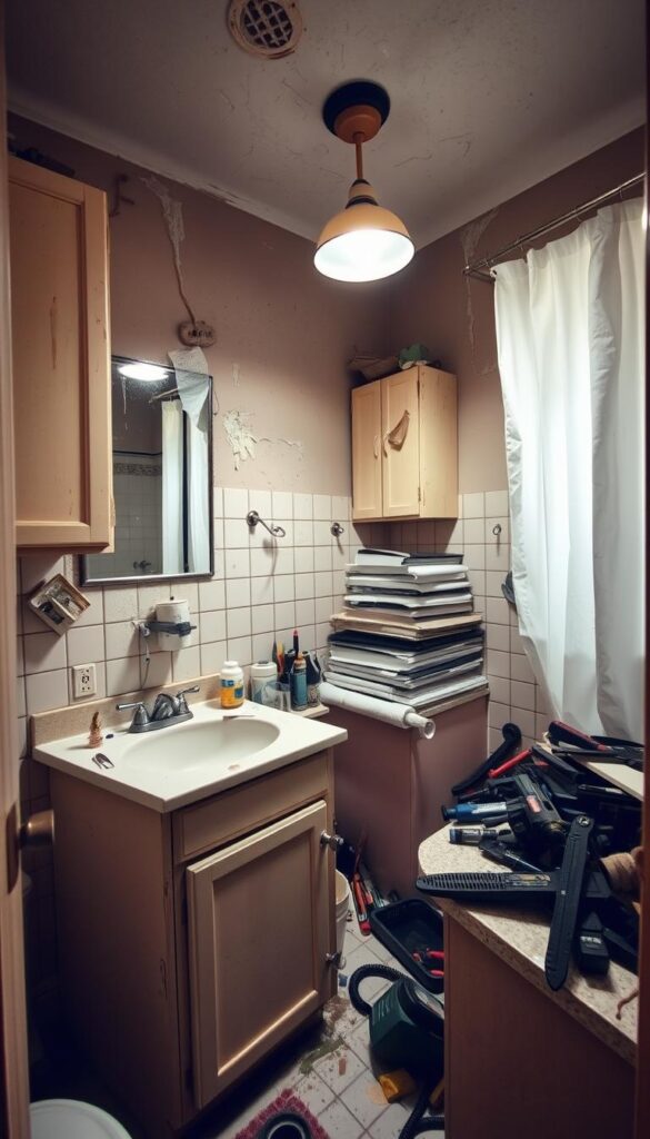 A cluttered bathroom with leaking faucets, peeling tiles, and a clogged drain. A DIY vanity repair gone wrong, with mismatched cabinets and a crooked mirror. Harsh overhead lighting casts unflattering shadows, and a poorly installed shower curtain rod drips water onto the floor. In the background, a stack of discarded tools and half-finished projects litter the countertop, creating a sense of chaos and disorganization. The overall atmosphere is one of frustration and disappointment, highlighting the common pitfalls of a DIY bathroom remodel gone awry.