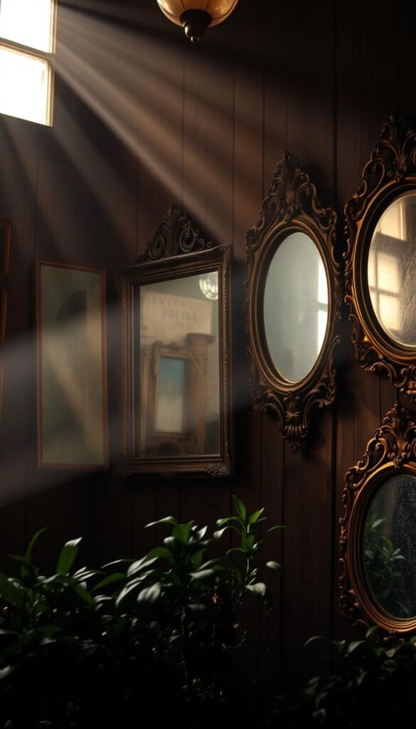 A collection of antique mirrors with ornate, gilded frames in a dimly lit, cozy vintage interior. The mirrors are positioned on a weathered wooden wall, their reflections softly illuminating the space. Rays of warm, diffused light filter through dusty windows, casting a hazy, nostalgic atmosphere. In the foreground, lush greenery and potted plants add a touch of nature, complementing the aged, timeless ambiance. The overall composition evokes a sense of tranquility and a connection to the past, showcasing the timeless elegance of vintage mirrors as a captivating home decor piece. A collection of antique mirrors with ornate, gilded frames in a dimly lit, cozy vintage interior. The mirrors are positioned on a weathered wooden wall, their reflections softly illuminating the space. Rays of warm, diffused light filter through dusty windows, casting a hazy, nostalgic atmosphere. In the foreground, lush greenery and potted plants add a touch of nature, complementing the aged, timeless ambiance. The overall composition evokes a sense of tranquility and a connection to the past, showcasing the timeless elegance of vintage mirrors as a captivating home decor piece.
