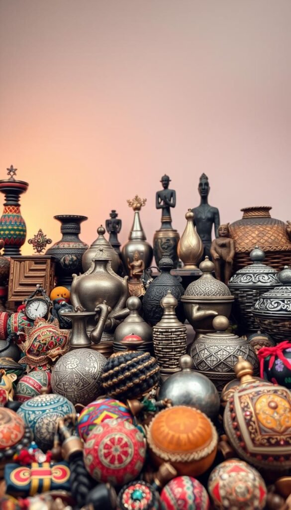 A collection of diverse cultural artifacts arranged in a visually striking composition. In the foreground, an assortment of handcrafted trinkets, sculptures, and textiles from around the world, each with intricate patterns and vibrant colors. In the middle ground, a mix of metallic accents, carved wooden pieces, and woven baskets create a harmonious blend of textures. The background features a softly lit, minimalist setting, allowing the cultural items to take center stage. The lighting is warm and diffused, creating a cozy, inviting atmosphere that celebrates the beauty and uniqueness of global artistic traditions. A collection of diverse cultural artifacts arranged in a visually striking composition. In the foreground, an assortment of handcrafted trinkets, sculptures, and textiles from around the world, each with intricate patterns and vibrant colors. In the middle ground, a mix of metallic accents, carved wooden pieces, and woven baskets create a harmonious blend of textures. The background features a softly lit, minimalist setting, allowing the cultural items to take center stage. The lighting is warm and diffused, creating a cozy, inviting atmosphere that celebrates the beauty and uniqueness of global artistic traditions.