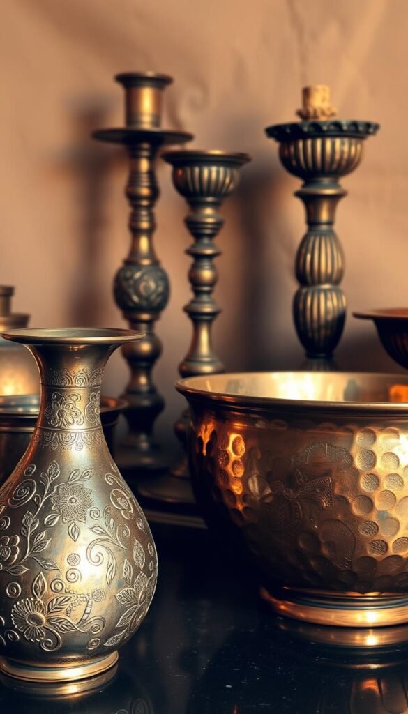 A collection of exquisite brass and copper artifacts, meticulously crafted with intricate designs and a warm, burnished glow. In the foreground, a delicate vase with intricate repousse patterns catches the soft, diffused light, casting gentle shadows across its surface. Beside it, a hammered copper bowl reflects the world around it, its gleaming exterior complemented by the patina of age. In the middle ground, a set of ornate candle holders stand tall, their fluted forms and decorative elements speaking to the skilled craftsmanship of their makers. The background is filled with a subtle, earthy backdrop, allowing the artifacts to take center stage and showcase their timeless beauty. The overall scene is imbued with a sense of elegance and timelessness, capturing the enduring appeal of these Indian vintage home decor pieces. A collection of exquisite brass and copper artifacts, meticulously crafted with intricate designs and a warm, burnished glow. In the foreground, a delicate vase with intricate repousse patterns catches the soft, diffused light, casting gentle shadows across its surface. Beside it, a hammered copper bowl reflects the world around it, its gleaming exterior complemented by the patina of age. In the middle ground, a set of ornate candle holders stand tall, their fluted forms and decorative elements speaking to the skilled craftsmanship of their makers. The background is filled with a subtle, earthy backdrop, allowing the artifacts to take center stage and showcase their timeless beauty. The overall scene is imbued with a sense of elegance and timelessness, capturing the enduring appeal of these Indian vintage home decor pieces.