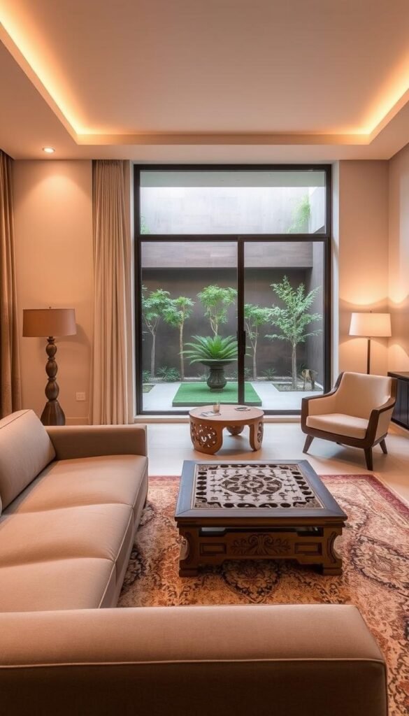A contemporary Indian living room showcasing a blend of traditional and modern furniture styles. In the foreground, a sleek, minimalist couch with clean lines and a muted color palette. Atop a plush, patterned rug, a low wooden coffee table with carved detailing. In the middle ground, a handcrafted side table with intricate latticework, paired with a modern, angular armchair. The background features a large window overlooking a serene garden, allowing natural light to flood the space. Warm, diffused lighting creates a cozy, inviting atmosphere, while the combination of natural materials and clean, geometric forms reflects the harmony of traditional and contemporary Indian design. A contemporary Indian living room showcasing a blend of traditional and modern furniture styles. In the foreground, a sleek, minimalist couch with clean lines and a muted color palette. Atop a plush, patterned rug, a low wooden coffee table with carved detailing. In the middle ground, a handcrafted side table with intricate latticework, paired with a modern, angular armchair. The background features a large window overlooking a serene garden, allowing natural light to flood the space. Warm, diffused lighting creates a cozy, inviting atmosphere, while the combination of natural materials and clean, geometric forms reflects the harmony of traditional and contemporary Indian design.