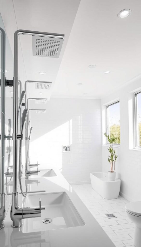 A contemporary bathroom with sleek, minimalist fixtures in a bright, airy space. Gleaming chrome faucets and showerheads against a backdrop of white tile and clean, geometric lines. A large vanity with a wide mirror reflects the natural light streaming in through expansive windows. Recessed lighting casts a soft, even glow throughout, creating a spa-like ambiance. The overall aesthetic is sophisticated, streamlined, and in tune with modern design sensibilities.