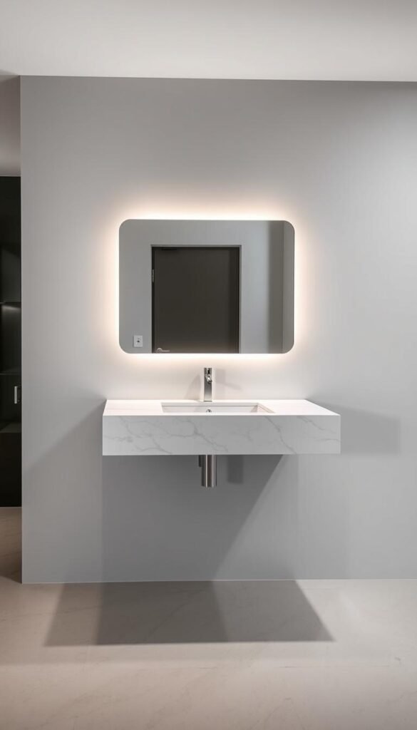 A contemporary floating vanity suspended above a sleek, minimalist bathroom. The vanity is made of polished white marble, its edges slightly beveled, creating a sense of weightlessness. Soft, indirect lighting emanates from within, casting a warm glow across the surface. The vanity is mounted on a seamless, wall-mounted base, giving the illusion of it floating effortlessly in the space. The background features a neutral, muted color palette, allowing the vanity to be the focal point. The overall atmosphere is one of calm, sophistication, and modern elegance. A contemporary floating vanity suspended above a sleek, minimalist bathroom. The vanity is made of polished white marble, its edges slightly beveled, creating a sense of weightlessness. Soft, indirect lighting emanates from within, casting a warm glow across the surface. The vanity is mounted on a seamless, wall-mounted base, giving the illusion of it floating effortlessly in the space. The background features a neutral, muted color palette, allowing the vanity to be the focal point. The overall atmosphere is one of calm, sophistication, and modern elegance.