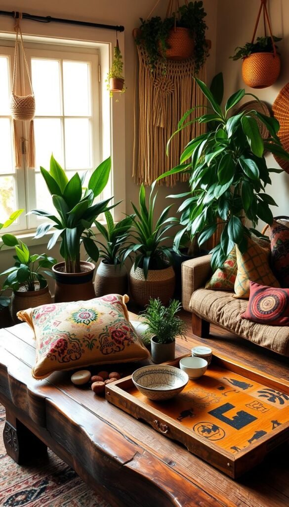 A cozy Afrohemian living room with lush potted plants, macrame wall hangings, and handcrafted woven baskets. Warm natural lighting from large windows creates a serene ambiance. On a rustic wooden coffee table, various DIY projects are displayed - a colorful embroidered pillow, a set of hand-painted ceramic trinket dishes, and a reclaimed wood tray adorned with carved African symbols. The overall aesthetic is a harmonious blend of earthy textures, vibrant colors, and cultural influences that evoke a sense of cultural pride and comfort. A cozy Afrohemian living room with lush potted plants, macrame wall hangings, and handcrafted woven baskets. Warm natural lighting from large windows creates a serene ambiance. On a rustic wooden coffee table, various DIY projects are displayed - a colorful embroidered pillow, a set of hand-painted ceramic trinket dishes, and a reclaimed wood tray adorned with carved African symbols. The overall aesthetic is a harmonious blend of earthy textures, vibrant colors, and cultural influences that evoke a sense of cultural pride and comfort.