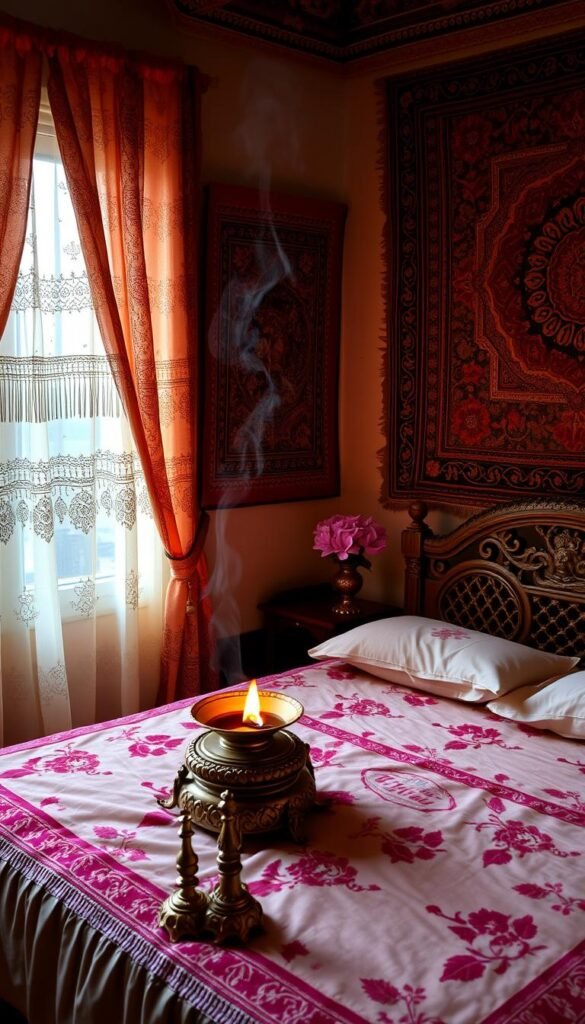 A cozy Indian bedroom with intricate tapestry hangings adorning the walls, creating a serene and inviting atmosphere. Soft, plush bedding in rich jewel-toned fabrics, adorned with ornate, hand-embroidered patterns. A carved, wooden bed frame with intricate latticework design. In the corner, a traditional brass oil lamp casts a warm, flickering glow. A small, intricately carved side table holds a vase of fragrant jasmine flowers. Ornate, brass incense burners release swirling tendrils of fragrant smoke. The room is illuminated by soft, natural light filtering through sheer, embroidered curtains. The overall effect is one of tranquility, comfort, and a true sense of Indian cultural heritage. A cozy Indian bedroom with intricate tapestry hangings adorning the walls, creating a serene and inviting atmosphere. Soft, plush bedding in rich jewel-toned fabrics, adorned with ornate, hand-embroidered patterns. A carved, wooden bed frame with intricate latticework design. In the corner, a traditional brass oil lamp casts a warm, flickering glow. A small, intricately carved side table holds a vase of fragrant jasmine flowers. Ornate, brass incense burners release swirling tendrils of fragrant smoke. The room is illuminated by soft, natural light filtering through sheer, embroidered curtains. The overall effect is one of tranquility, comfort, and a true sense of Indian cultural heritage.