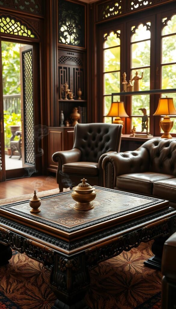 A cozy Indian vintage home interior bathed in warm lighting. In the foreground, an intricately carved wooden coffee table with brass accents sits atop a plush, hand-woven rug. On the table, a brass incense burner emits fragrant smoke. In the middle ground, a tufted leather armchair and a wooden bookshelf displaying antique brass lamps and figurines. The background features ornate carved wooden wall panels and large windows offering a view of lush, verdant foliage outside. The overall atmosphere evokes a sense of timeless elegance and tranquility. A cozy Indian vintage home interior bathed in warm lighting. In the foreground, an intricately carved wooden coffee table with brass accents sits atop a plush, hand-woven rug. On the table, a brass incense burner emits fragrant smoke. In the middle ground, a tufted leather armchair and a wooden bookshelf displaying antique brass lamps and figurines. The background features ornate carved wooden wall panels and large windows offering a view of lush, verdant foliage outside. The overall atmosphere evokes a sense of timeless elegance and tranquility.
