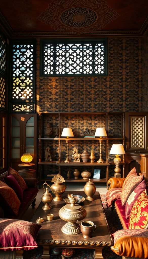 A cozy Indian vintage living room with intricate latticed windows, warm lighting, and an ornate jali screen casting patterns on the walls. In the foreground, a low wooden coffee table is adorned with brass and copper accents, surrounded by plush, jewel-toned velvet cushions. On the middle shelves, antique brass lamps, carved wooden statuettes, and traditional Indian pottery pieces create a layered, lived-in aesthetic. The background features a striking paisley wallpaper, complemented by ornate carved doors and a intricate ceiling medallion. The overall atmosphere is one of timeless elegance and cultural richness. A cozy Indian vintage living room with intricate latticed windows, warm lighting, and an ornate jali screen casting patterns on the walls. In the foreground, a low wooden coffee table is adorned with brass and copper accents, surrounded by plush, jewel-toned velvet cushions. On the middle shelves, antique brass lamps, carved wooden statuettes, and traditional Indian pottery pieces create a layered, lived-in aesthetic. The background features a striking paisley wallpaper, complemented by ornate carved doors and a intricate ceiling medallion. The overall atmosphere is one of timeless elegance and cultural richness.