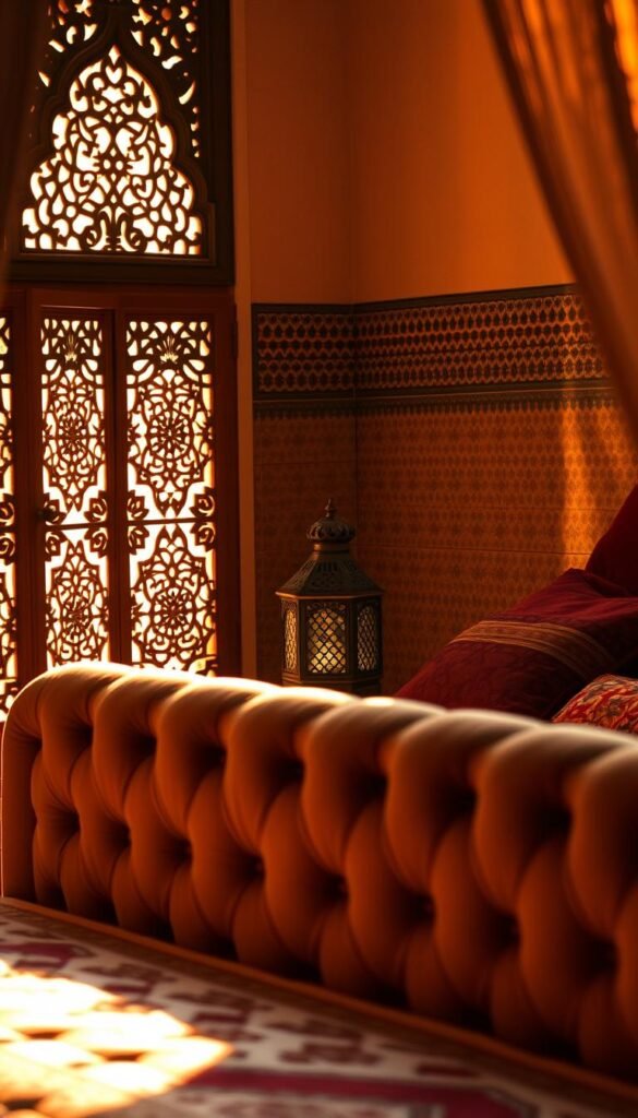 A cozy Moroccan bedroom bathed in warm, golden light filtering through intricate carved screens. In the foreground, a plush, tufted velvet headboard adorned with ornate embroidered patterns. Plush, colorful pillows and a soft, patterned rug underfoot create a welcoming, intimate atmosphere. In the middle ground, an ornate metal lantern casts a soft, ambient glow, complemented by the rich, earthy tones of the bedding and textiles. Beyond, an intricately tiled wall adds depth and character, framing the tranquil scene. The overall effect is one of serene, luxurious comfort - a true Moroccan bedroom sanctuary. A cozy Moroccan bedroom bathed in warm, golden light filtering through intricate carved screens. In the foreground, a plush, tufted velvet headboard adorned with ornate embroidered patterns. Plush, colorful pillows and a soft, patterned rug underfoot create a welcoming, intimate atmosphere. In the middle ground, an ornate metal lantern casts a soft, ambient glow, complemented by the rich, earthy tones of the bedding and textiles. Beyond, an intricately tiled wall adds depth and character, framing the tranquil scene. The overall effect is one of serene, luxurious comfort - a true Moroccan bedroom sanctuary.