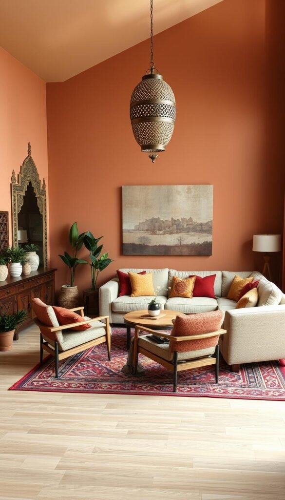 A cozy Moroccan-inspired living room with a Scandinavian minimalist twist. Warm earth-toned walls, intricate carved wooden furniture, and plush textiles in shades of ochre, terracotta, and deep red. Geometric patterns and metallic accents contrast with clean, light-colored wooden floors and simple, uncluttered decor. Gentle, diffused lighting from a statement Moroccan-style pendant lamp casts a soft, inviting glow. A large, oversized sectional sofa in a neutral tone anchors the space, flanked by a pair of Scandinavian-style armchairs. Potted plants and a vibrant patterned rug add natural, organic elements to the fusion of styles. A cozy Moroccan-inspired living room with a Scandinavian minimalist twist. Warm earth-toned walls, intricate carved wooden furniture, and plush textiles in shades of ochre, terracotta, and deep red. Geometric patterns and metallic accents contrast with clean, light-colored wooden floors and simple, uncluttered decor. Gentle, diffused lighting from a statement Moroccan-style pendant lamp casts a soft, inviting glow. A large, oversized sectional sofa in a neutral tone anchors the space, flanked by a pair of Scandinavian-style armchairs. Potted plants and a vibrant patterned rug add natural, organic elements to the fusion of styles.