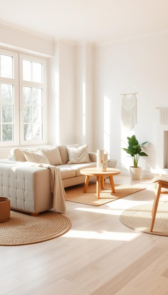 A cozy Scandinavian-inspired living room with minimalist furniture and clean lines. Pale wooden floors, a soft beige couch, and a round wooden coffee table. Scandinavian decor elements like a woven floor rug, a potted plant, and a simple white wall hanging. Warm natural lighting filters through large windows, casting a serene, hygge ambiance. The scene exudes a sense of simplicity, functionality, and timeless Nordic style. A cozy Scandinavian-inspired living room with minimalist furniture and clean lines. Pale wooden floors, a soft beige couch, and a round wooden coffee table. Scandinavian decor elements like a woven floor rug, a potted plant, and a simple white wall hanging. Warm natural lighting filters through large windows, casting a serene, hygge ambiance. The scene exudes a sense of simplicity, functionality, and timeless Nordic style.