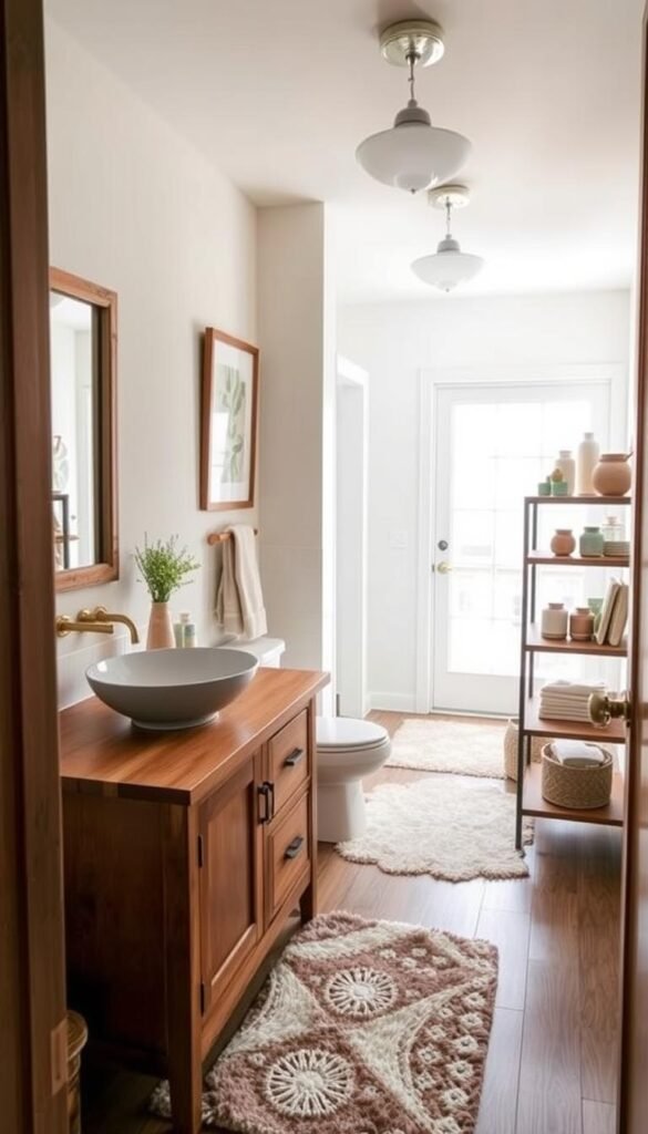 A cozy and charming guest bathroom, filled with DIY decor elements. In the foreground, a stylish wooden vanity with a vessel sink and brass fixtures. On the walls, framed botanical prints and a rustic mirror. The middle ground features a plush bath mat and a chic open shelving unit displaying decorative jars and ceramics. The background showcases a bright, airy space with a large window allowing natural light to flood the room. The overall atmosphere is warm, inviting, and reflective of a relaxing weekend retreat. A cozy and charming guest bathroom, filled with DIY decor elements. In the foreground, a stylish wooden vanity with a vessel sink and brass fixtures. On the walls, framed botanical prints and a rustic mirror. The middle ground features a plush bath mat and a chic open shelving unit displaying decorative jars and ceramics. The background showcases a bright, airy space with a large window allowing natural light to flood the room. The overall atmosphere is warm, inviting, and reflective of a relaxing weekend retreat.