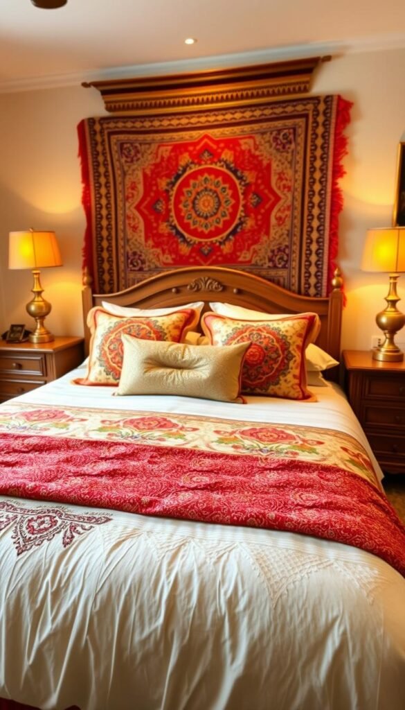 A cozy and inviting Desi-inspired bedroom decor. The foreground features a plush, colorful bedding set with intricate embroidered patterns, complemented by decorative pillows and a richly textured throw blanket. In the middle ground, a low wooden bed frame with carved detailing holds the focal point. Flanking the bed are wooden nightstands with ornate brass lamps emitting a warm, ambient glow. The background showcases a feature wall adorned with traditional Indian textiles, such as a vibrant tapestry or woven wall hanging. The room is bathed in a soft, golden lighting that enhances the natural tones and textures, creating an atmosphere of refined elegance and comfort.
