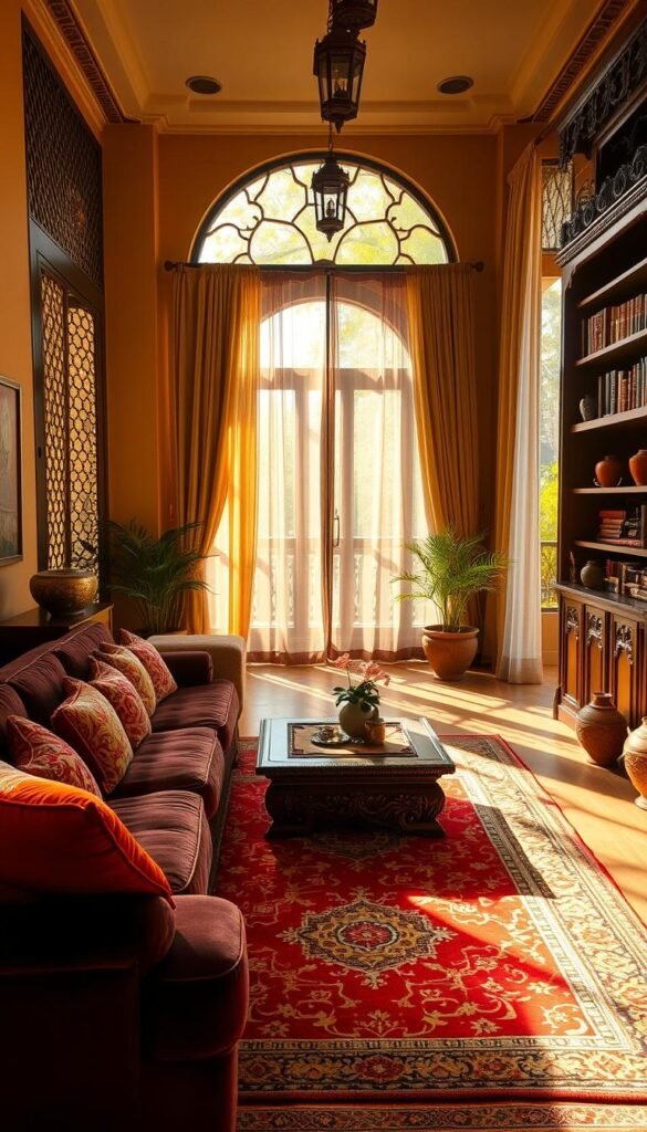 A cozy and inviting Desi-inspired living room sanctuary, bathed in warm, golden lighting that filters through intricate jali screens. The foreground features plush, jewel-toned velvet sofas adorned with vibrant, intricate embroidered cushions, along with a low, carved wooden coffee table. In the middle ground, a large, ornate area rug in bold, traditional patterns anchors the space, while a grand, carved wooden bookshelf filled with leather-bound volumes stands tall against the wall. The background showcases a set of tall, arched windows draped with sheer, flowing curtains, offering a glimpse of a lush, verdant outdoor scene. Subtle touches of Desi decor, such as brass and copper accents, terracotta pots, and delicate hanging lanterns, create a warm and inviting atmosphere.