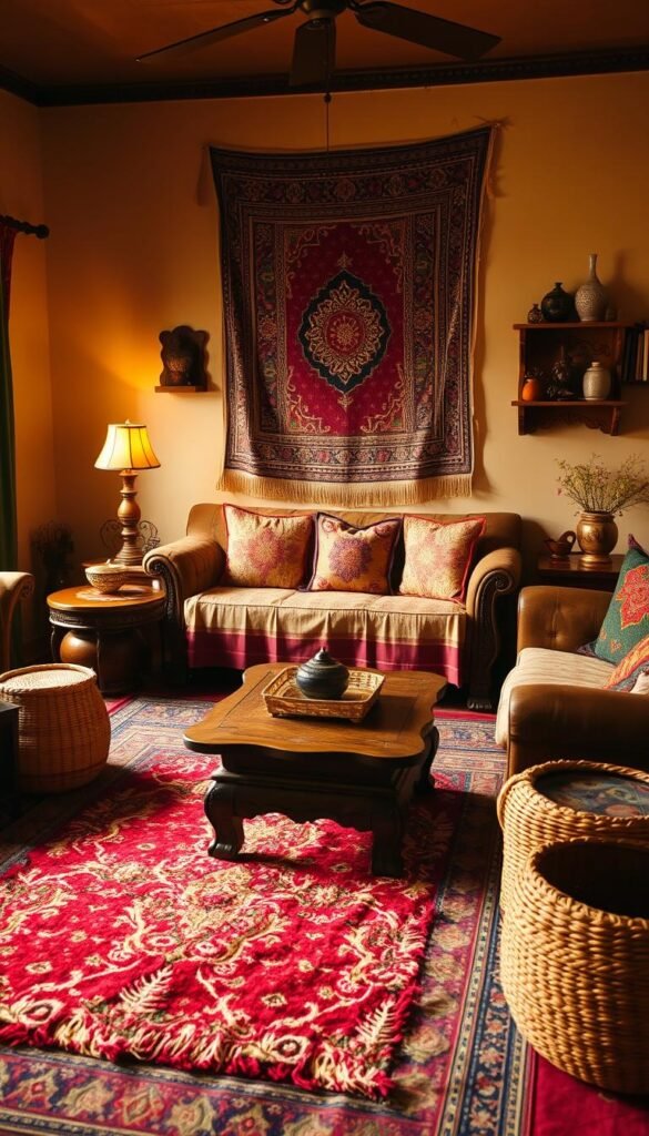 A cozy and inviting Desi living room with intricate textiles, carved wooden furniture, and vibrant accents. Soft, warm lighting illuminates the space, casting a golden glow. In the foreground, a plush, colorful rug grounds the room, while a carved wooden coffee table and hand-woven baskets add natural textures. The middle ground features a traditional Desi sofa adorned with embroidered pillows and a hand-painted side table. In the background, a vibrant wall hanging or tapestry creates a focal point, complemented by a pair of carved wooden shelves displaying treasured items. The overall atmosphere is one of comfort, culture, and effortless style.