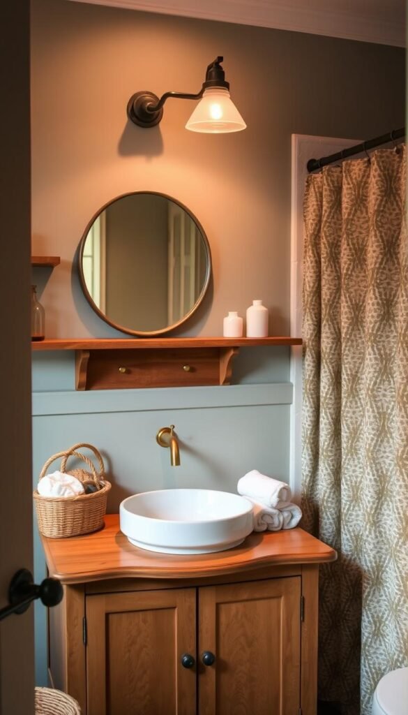 A cozy and inviting bathroom with a rustic, farmhouse-inspired aesthetic. The focal point is a vintage-style vanity in a warm wood tone, with a simple vessel sink and classic brass fixtures. Above it hangs a round mirror in a distressed metal frame, casting a soft glow. In the corner, a natural woven basket holds fluffy white towels. The walls are painted in a soft, muted blue-green, complemented by a patterned shower curtain in earth tones. Wooden shelves hold simple ceramic and glass accessories. Warm, diffused lighting illuminates the space, creating a calming and relaxing atmosphere. A cozy and inviting bathroom with a rustic, farmhouse-inspired aesthetic. The focal point is a vintage-style vanity in a warm wood tone, with a simple vessel sink and classic brass fixtures. Above it hangs a round mirror in a distressed metal frame, casting a soft glow. In the corner, a natural woven basket holds fluffy white towels. The walls are painted in a soft, muted blue-green, complemented by a patterned shower curtain in earth tones. Wooden shelves hold simple ceramic and glass accessories. Warm, diffused lighting illuminates the space, creating a calming and relaxing atmosphere.