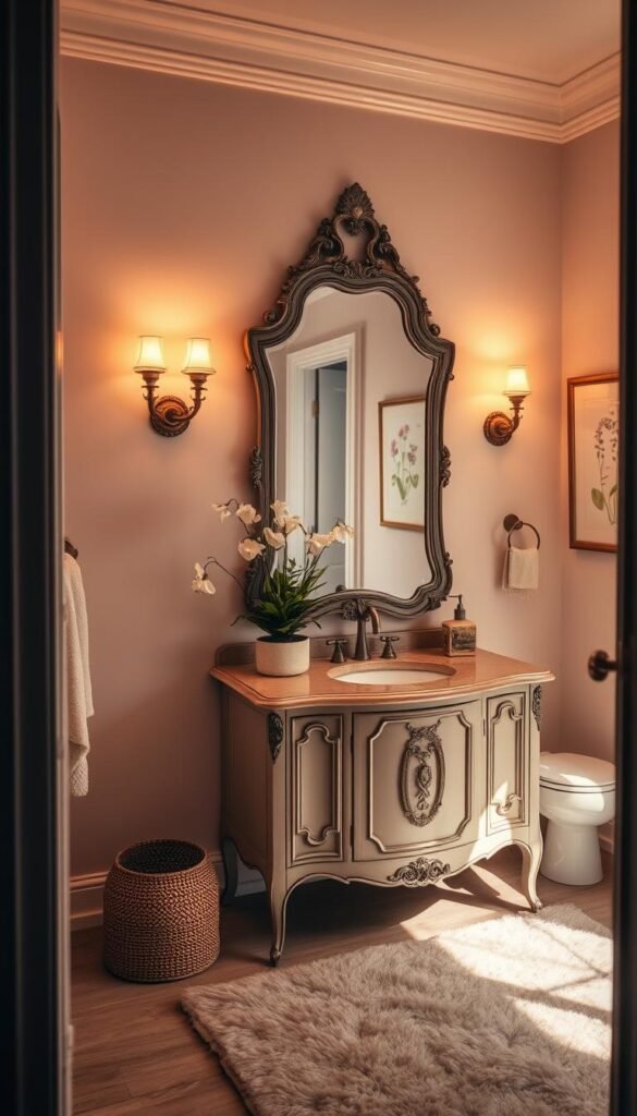 A cozy and inviting guest bathroom, bathed in soft, warm lighting. The focal point is a beautiful vintage-inspired vanity, its elegant design complemented by a large, ornate mirror. Decorative wall sconces flanking the mirror cast a gentle glow, while a plush area rug in muted tones anchors the space. Tasteful botanical elements, such as a lush potted plant and delicate floral artwork, add natural touches. The overall atmosphere is one of refined elegance and relaxation, creating a space that feels both elevated and welcoming. A cozy and inviting guest bathroom, bathed in soft, warm lighting. The focal point is a beautiful vintage-inspired vanity, its elegant design complemented by a large, ornate mirror. Decorative wall sconces flanking the mirror cast a gentle glow, while a plush area rug in muted tones anchors the space. Tasteful botanical elements, such as a lush potted plant and delicate floral artwork, add natural touches. The overall atmosphere is one of refined elegance and relaxation, creating a space that feels both elevated and welcoming.