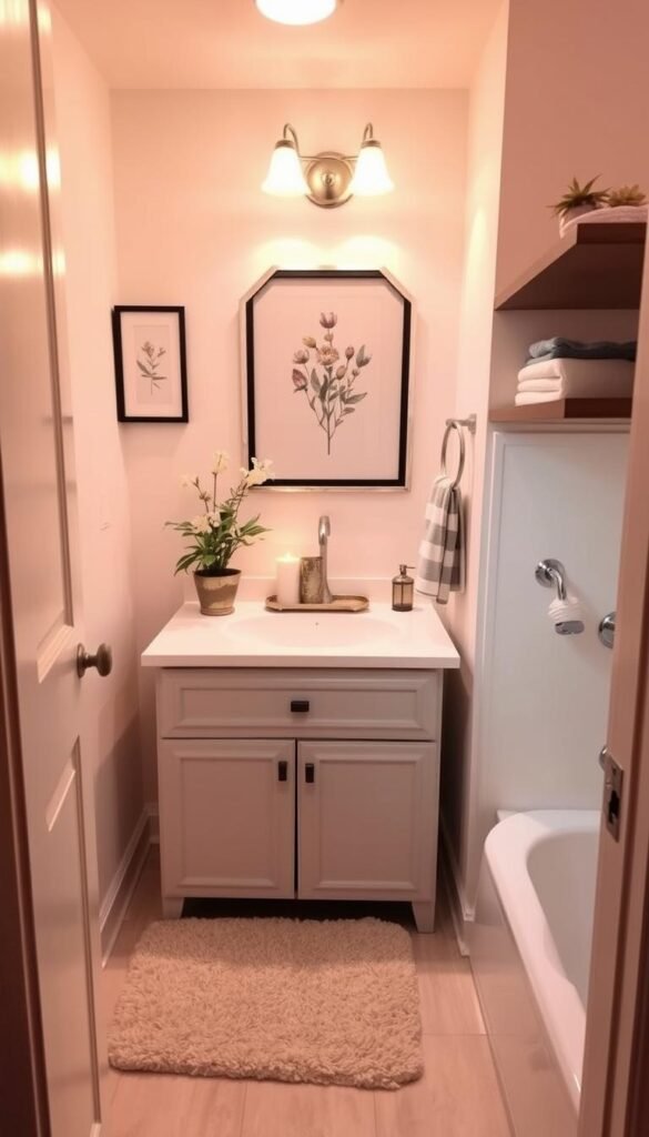 A cozy and inviting small bathroom, bathed in warm, diffused lighting. On the vanity, simple yet elegant decor items like a potted plant, a decorative tray, and a few candles create a serene atmosphere. The walls are adorned with framed botanical prints, adding a touch of natural beauty. A plush, textured bath mat complements the neutral color scheme, while a floating shelf displays a few tasteful accessories. The overall look is effortlessly chic, showcasing how affordable, thoughtful decor can transform a compact bathroom into a relaxing oasis. A cozy and inviting small bathroom, bathed in warm, diffused lighting. On the vanity, simple yet elegant decor items like a potted plant, a decorative tray, and a few candles create a serene atmosphere. The walls are adorned with framed botanical prints, adding a touch of natural beauty. A plush, textured bath mat complements the neutral color scheme, while a floating shelf displays a few tasteful accessories. The overall look is effortlessly chic, showcasing how affordable, thoughtful decor can transform a compact bathroom into a relaxing oasis.
