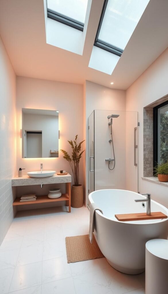 A cozy and inviting small bathroom, its elegant minimalist design accentuated by soft, warm lighting. A large vanity mirror reflects the space, creating an illusion of depth. Sleek white tiles line the walls, complemented by textured natural stone accents. A modern, freestanding bathtub sits adjacent to a frameless glass shower enclosure, allowing the room to flow seamlessly. Carefully placed plants and natural wood accents add a touch of organic warmth, while a skylight or large window floods the room with natural light. The overall atmosphere is one of tranquility and spa-like serenity, showcasing how thoughtful design can transform even the most compact of bathroom spaces. A cozy and inviting small bathroom, its elegant minimalist design accentuated by soft, warm lighting. A large vanity mirror reflects the space, creating an illusion of depth. Sleek white tiles line the walls, complemented by textured natural stone accents. A modern, freestanding bathtub sits adjacent to a frameless glass shower enclosure, allowing the room to flow seamlessly. Carefully placed plants and natural wood accents add a touch of organic warmth, while a skylight or large window floods the room with natural light. The overall atmosphere is one of tranquility and spa-like serenity, showcasing how thoughtful design can transform even the most compact of bathroom spaces.
