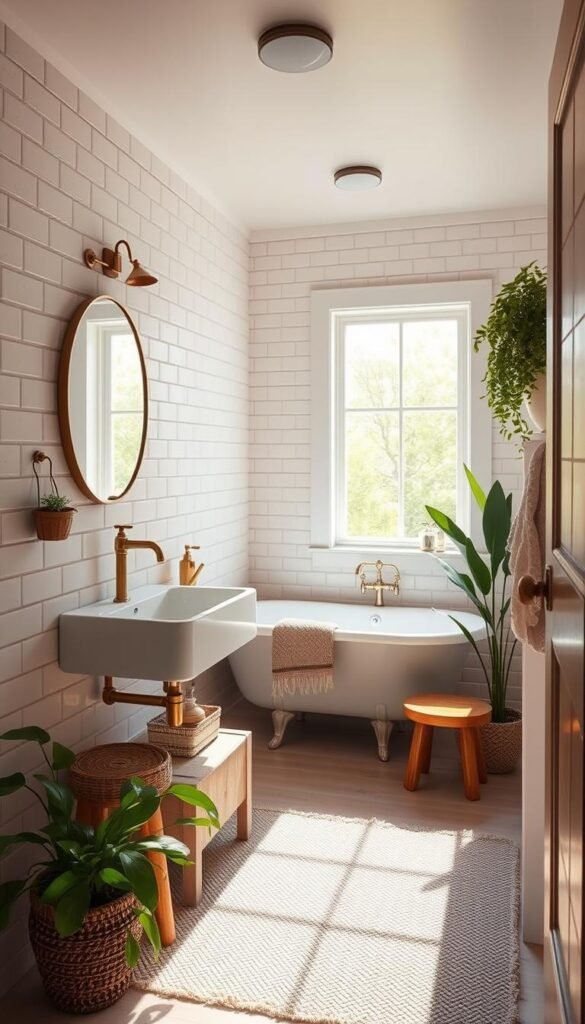 A cozy and inviting small bathroom with a rustic, minimalist design. Soft natural lighting filters through a large window, casting a warm glow on the white subway tile walls and a sleek floating vanity with a chic vessel sink. A simple brass faucet and accent mirror add touches of elegance. The room features a compact clawfoot tub in the corner, with a small wood stool nearby for storage or seating. Lush potted greenery and a plush textured rug complete the serene, spa-like atmosphere. A cozy and inviting small bathroom with a rustic, minimalist design. Soft natural lighting filters through a large window, casting a warm glow on the white subway tile walls and a sleek floating vanity with a chic vessel sink. A simple brass faucet and accent mirror add touches of elegance. The room features a compact clawfoot tub in the corner, with a small wood stool nearby for storage or seating. Lush potted greenery and a plush textured rug complete the serene, spa-like atmosphere.